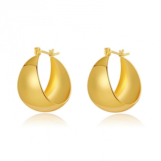 Immagine di Ipoallergenico Retrò Semplice 18K Vero Oro Placcato Ottone Orecchini Circolari Per Donne 24mm x 22mm, 1 Paio