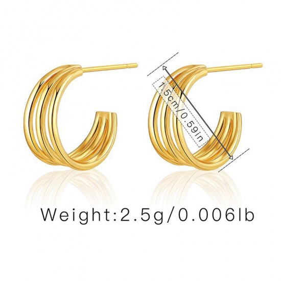 Picture of Hypoallergenic Retro Simple 18K Gold Color Copper Stripe Hoop Earrings For Women Party 15mm Dia., 1 Pair