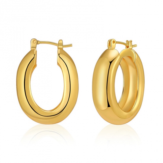 Immagine di Ipoallergenico Retrò Semplice 18K Vero Oro Placcato Ottone Orecchini Circolari Per Donne 2.6cm x 1.8cm, 1 Paio