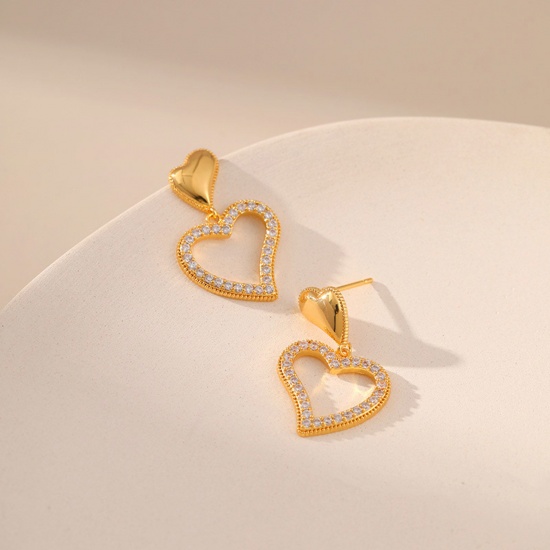 Immagine di Ipoallergenico Elegante Retrò 18K Oro riempito Ottone & Zircone Cubico Cuore Orecchino Per Donne San Valentino 2.8cm x 1.8cm, 1 Paio