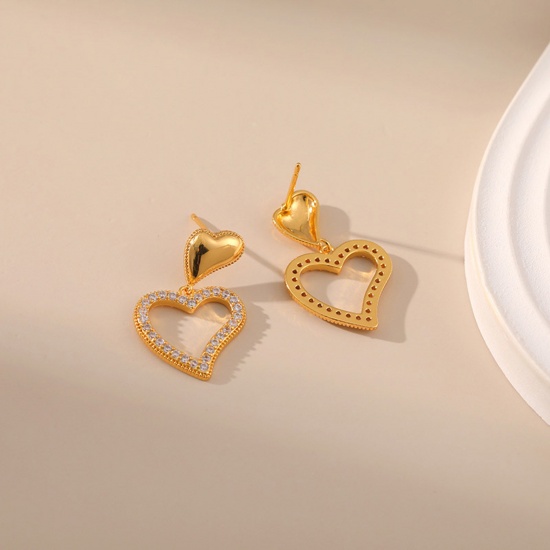 Immagine di Ipoallergenico Elegante Retrò 18K Oro riempito Ottone & Zircone Cubico Cuore Orecchino Per Donne San Valentino 2.8cm x 1.8cm, 1 Paio