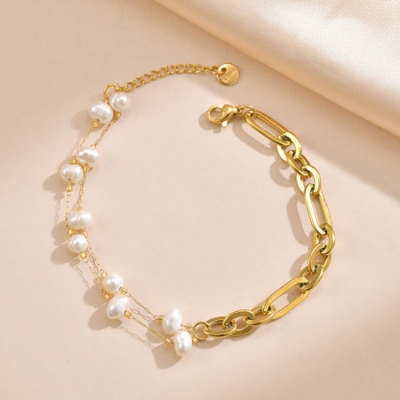 1 ШТ вакуумное покрытие Барокко Элегантный 14K позолоченный 304 Нержавеющая Сталь Цепочка зажимов Имитация жемчуга Браслеты Для женщин Партия 19см длина