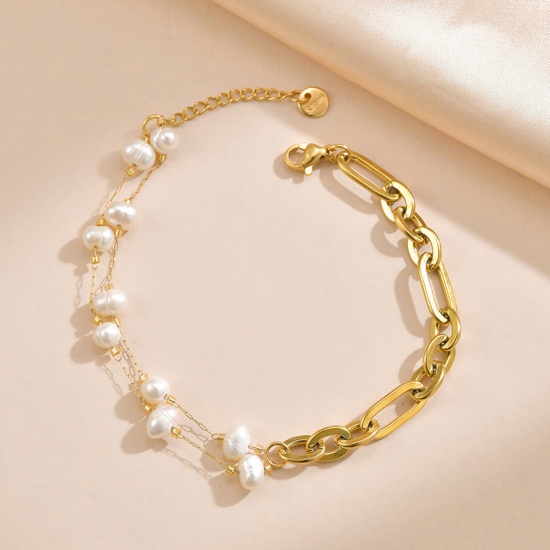 Picture of 1 Piece Vacuum Plating Baroque Elegant 14K Gold Plated 304 Stainless Steel Paperclip Chain Imitation Pearl Bracelets For Women Party 19cm(7 4/8") long