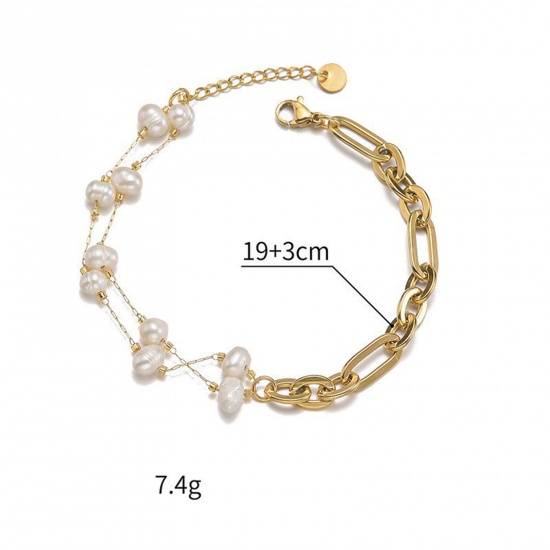 Bild von 1 Strang Vakuumbeschichtung Barock Elegant 14K Gold 304 Edelstahl Büroklammerkette Imitat Perle Armband Für Frauen Party 19cm lang