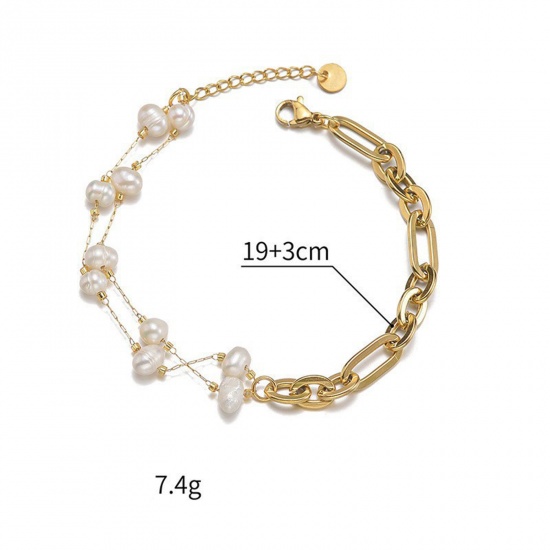 Picture of 1 Piece Vacuum Plating Baroque Elegant 14K Gold Plated 304 Stainless Steel Paperclip Chain Imitation Pearl Bracelets For Women Party 19cm(7 4/8") long