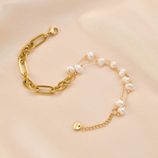 Picture of 1 Piece Vacuum Plating Baroque Elegant 14K Gold Plated 304 Stainless Steel Paperclip Chain Imitation Pearl Bracelets For Women Party 19cm(7 4/8") long
