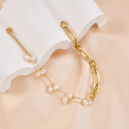 Picture of 1 Piece Vacuum Plating Baroque Elegant 14K Gold Plated 304 Stainless Steel Paperclip Chain Imitation Pearl Bracelets For Women Party 19cm(7 4/8") long