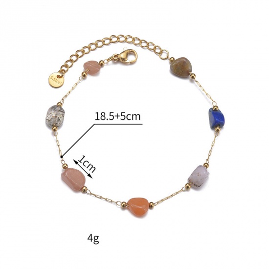 Picture of Eco-friendly Retro Boho Chic Bohemia 14K Gold Plated 304 Stainless Steel & Stone Link Chain Bracelets For Women 18cm(7 1/8") long, 1 Piece