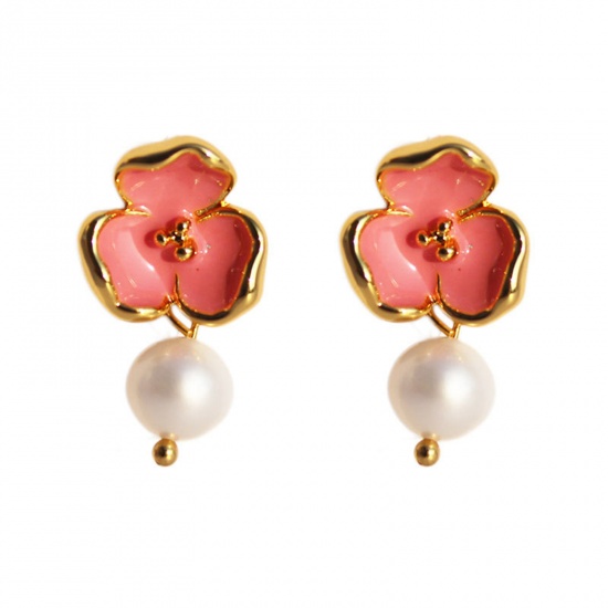 Picture of Hypoallergenic Sweet & Cute Exquisite 18K Gold Plated Pearl & Brass Flower Earrings For Women Party 2.5cm x 1.3cm, 1 Pair