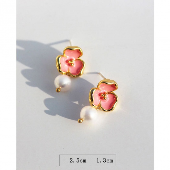 Picture of Hypoallergenic Sweet & Cute Exquisite 18K Gold Plated Pearl & Brass Flower Earrings For Women Party 2.5cm x 1.3cm, 1 Pair