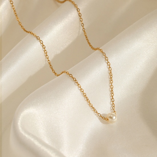 Picture of 1 Piece Vacuum Plating Stylish Exquisite 18K Real Gold Plated 304 Stainless Steel Link Cable Chain Imitation Pearl Pendant Necklace For Women Party 37cm(14 5/8") long