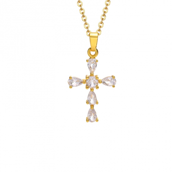 Picture of Eco-friendly Vacuum Plating Simple & Casual Stylish 18K Gold Plated 304 Stainless Steel & Cubic Zirconia Link Cable Chain Cross Pendant Necklace For Women Party 40cm(15 6/8") long, 1 Piece