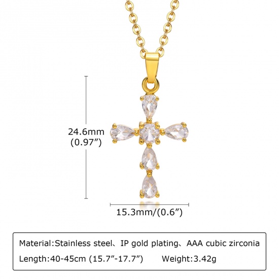 Picture of Eco-friendly Vacuum Plating Simple & Casual Stylish 18K Gold Plated 304 Stainless Steel & Cubic Zirconia Link Cable Chain Cross Pendant Necklace For Women Party 40cm(15 6/8") long, 1 Piece