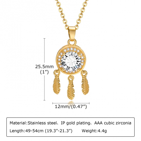 Picture of Eco-friendly Vacuum Plating Simple & Casual Stylish 18K Gold Plated 304 Stainless Steel & Cubic Zirconia Link Cable Chain Dream Catcher Pendant Necklace For Women Party 49cm(19 2/8") long, 1 Piece