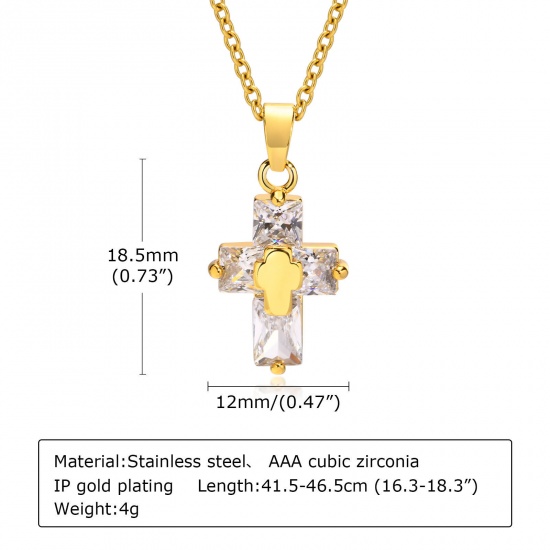 Picture of Eco-friendly Vacuum Plating Simple & Casual Stylish 18K Gold Plated 304 Stainless Steel & Cubic Zirconia Link Cable Chain Cross Pendant Necklace For Women Party 41cm(16 1/8") long, 1 Piece
