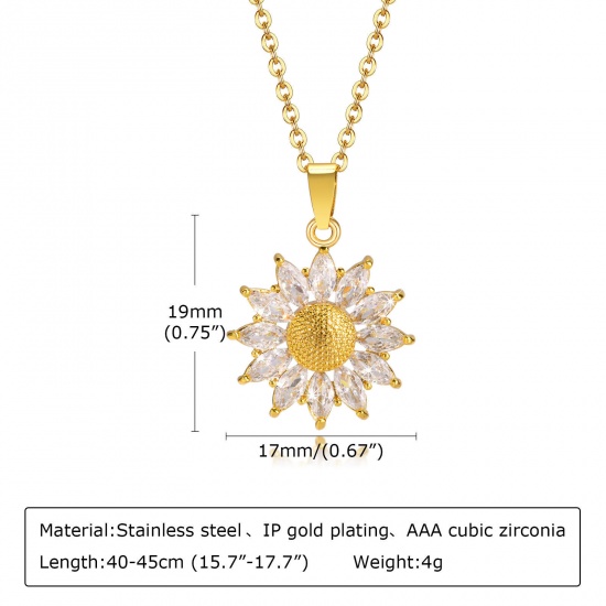 Picture of Eco-friendly Vacuum Plating Simple & Casual Stylish 18K Gold Plated 304 Stainless Steel & Cubic Zirconia Link Cable Chain Sunflower Pendant Necklace For Women Party 40cm(15 6/8") long, 1 Piece