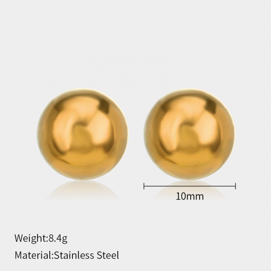 Picture of Eco-friendly Vacuum Plating Stylish Simple 18K Gold Plated 304 Stainless Steel Ball Ear Post Stud Earrings For Women Mother's Day 10mm Dia., 1 Pair