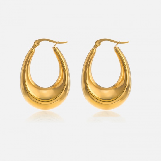 Picture of Eco-friendly Vacuum Plating Retro Simple 14K Real Gold Plated 304 Stainless Steel Hoop Earrings For Women Party 3.3cm x 2.3cm, 1 Pair