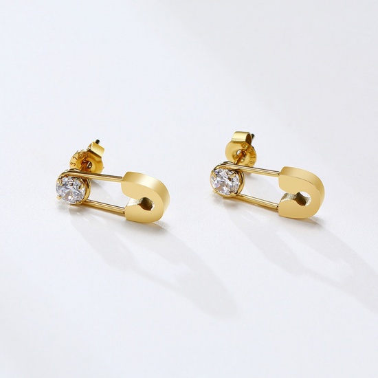 Picture of 1 Pair Vacuum Plating Stylish Exquisite 18K Gold Plated 304 Stainless Steel & Cubic Zirconia Pin Ear Post Stud Earrings For Women Party 1.5cm x 0.6cm