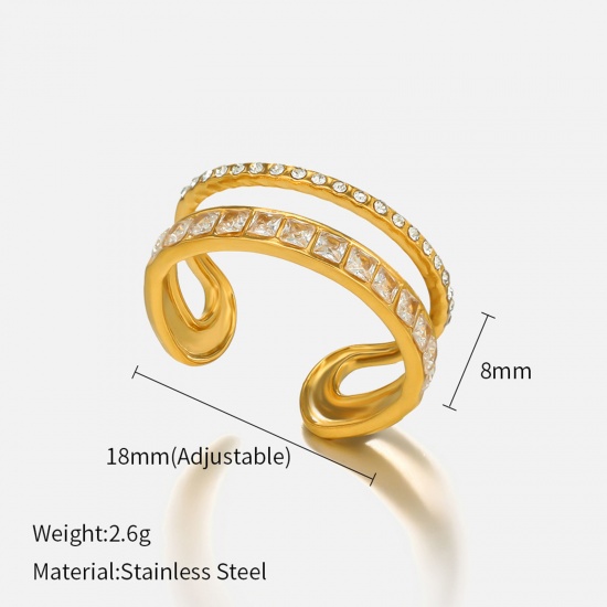 Picture of 1 Piece Vacuum Plating Exquisite Stylish 18K Real Gold Plated 304 Stainless Steel & Cubic Zirconia Open Adjustable Rings For Women Anniversary 18mm(US Size 7.75)