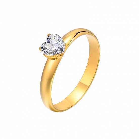Bild von 1 Stück Vakuumbeschichtung Exquisit Stilvoll 18K Gold plattiert 304 Edelstahl & Zirkon Uneinstellbar Herz Ring Für Frauen Jubiläum 15.7mm (US Größe: 5)