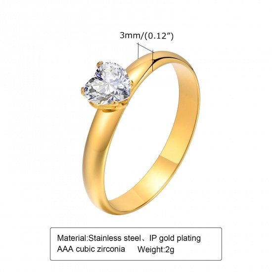 Immagine di 1 Pz Placcatura Sottovuoto Squisito Elegante Placcato Oro 18K 304 Acciaio Inossidabile & Zircone Cubico Non Regolabile Cuore Anello Per Donne Anniversario 15.7mm (taglia di US: 5)