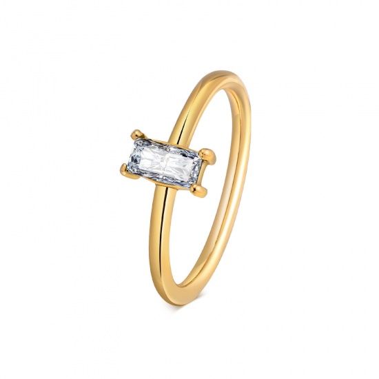 Immagine di 1 Pz Placcatura Sottovuoto Squisito Elegante Placcato Oro 18K 304 Acciaio Inossidabile & Zircone Cubico Non Regolabile Rettangolo Anello Per Donne Anniversario 16.5mm (taglia di US: 6)