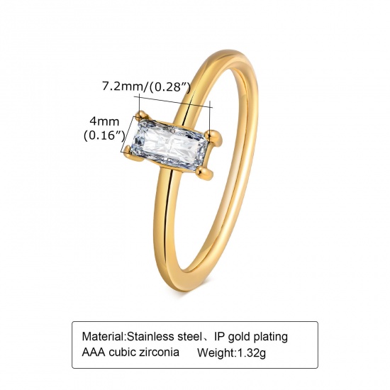 Bild von 1 Stück Vakuumbeschichtung Exquisit Stilvoll 18K Gold plattiert 304 Edelstahl & Zirkon Uneinstellbar Rechteck Ring Für Frauen Jubiläum 16.5mm（US Größe:6)