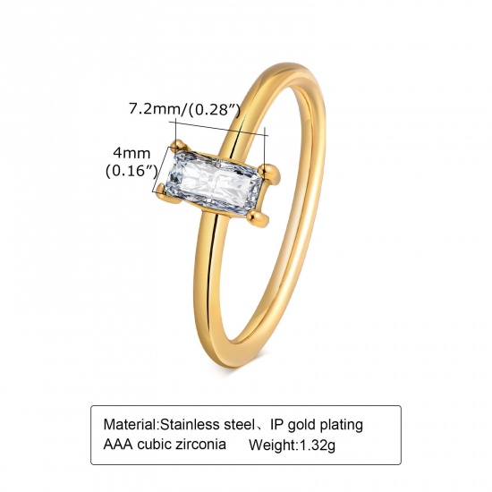 Immagine di 1 Pz Placcatura Sottovuoto Squisito Elegante Placcato Oro 18K 304 Acciaio Inossidabile & Zircone Cubico Non Regolabile Rettangolo Anello Per Donne Anniversario 16.5mm (taglia di US: 6)