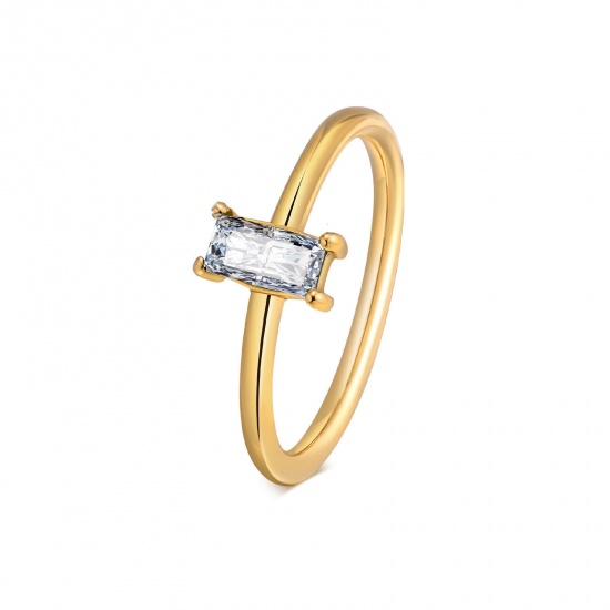 Bild von 1 Stück Vakuumbeschichtung Exquisit Stilvoll 18K Gold plattiert 304 Edelstahl & Zirkon Uneinstellbar Rechteck Ring Für Frauen Jubiläum 18.1mm（US Größe:8)