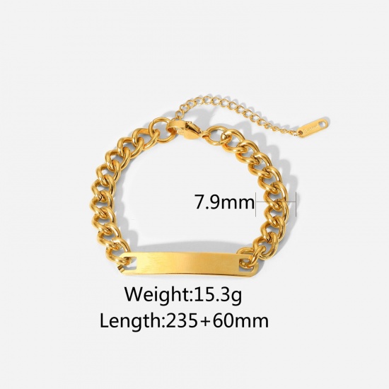 Immagine di Placcatura Sottovuoto Ecologica Semplice & Casual Elegante 18K Vero Oro Placcato 304 Acciaio Inossidabile Catena a Maglia Cubana Rettangolo Braccialetti Per Donne 23cm Lunghezza, 1 Pz