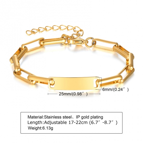 Picture of Eco-friendly Vacuum Plating Stylish Simple 18K Gold Color 304 Stainless Steel Link Chain Rectangle Bracelets Unisex Party 17cm(6 6/8") long, 1 Piece
