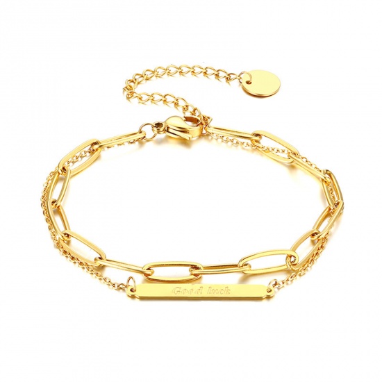 Picture of Eco-friendly Vacuum Plating Stylish Simple 18K Gold Color 304 Stainless Steel Paperclip Chain Rectangle Message " GOOD LUCK " Multilayer Layered Bracelet Unisex Party 15cm-16cm long, 1 Piece