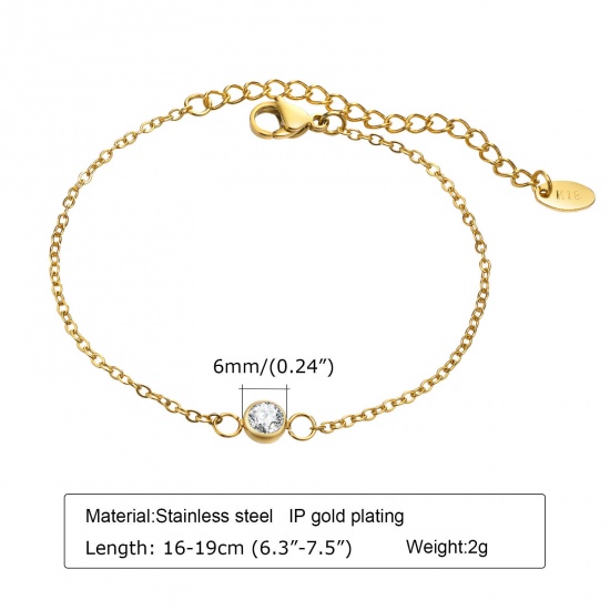 Picture of Eco-friendly Vacuum Plating Simple & Casual Exquisite 18K Gold Plated 304 Stainless Steel & Cubic Zirconia Link Cable Chain Bracelets For Women Party 16cm(6 2/8") long, 1 Piece