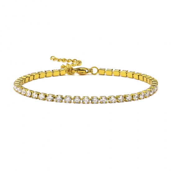 Picture of Eco-friendly Vacuum Plating Simple & Casual Exquisite 18K Gold Plated 304 Stainless Steel & Cubic Zirconia Link Chain Bracelets For Women Party 17cm(6 6/8") long, 1 Piece