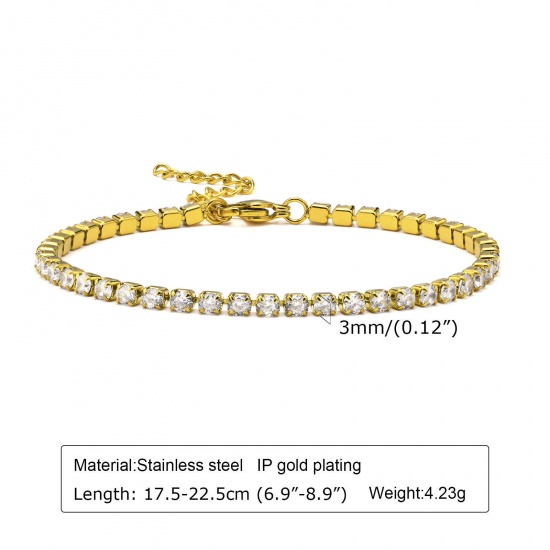 Picture of Eco-friendly Vacuum Plating Simple & Casual Exquisite 18K Gold Plated 304 Stainless Steel & Cubic Zirconia Link Chain Bracelets For Women Party 17cm(6 6/8") long, 1 Piece