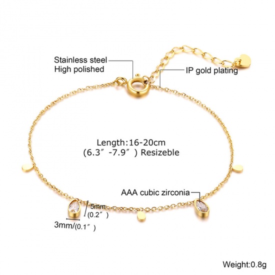 Picture of Eco-friendly Vacuum Plating Simple & Casual Exquisite 18K Gold Plated 304 Stainless Steel & Cubic Zirconia Link Cable Chain Drop Bracelets For Women Party 16cm(6 2/8") long, 1 Piece