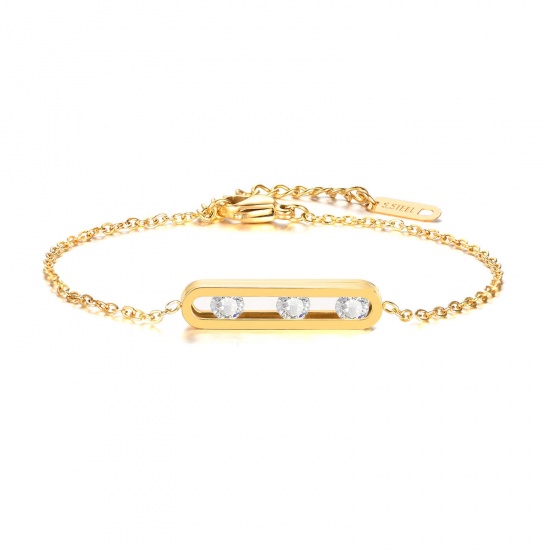 Picture of Eco-friendly Vacuum Plating Simple & Casual Exquisite 18K Gold Plated 304 Stainless Steel & Cubic Zirconia Link Cable Chain Oval Bracelets For Women Party 17cm(6 6/8") long, 1 Piece
