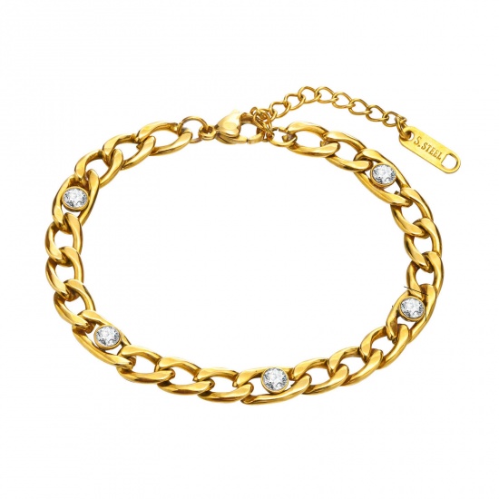 Picture of Eco-friendly Vacuum Plating Simple & Casual Exquisite 18K Gold Plated 304 Stainless Steel & Cubic Zirconia Curb Link Chain Bracelets For Women Party 16cm(6 2/8") long, 1 Piece