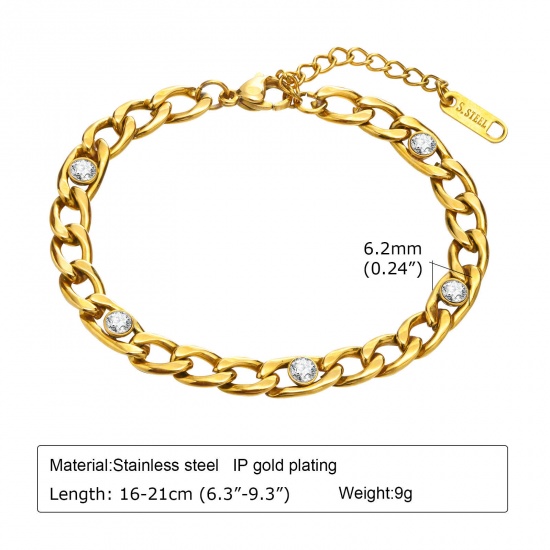 Picture of Eco-friendly Vacuum Plating Simple & Casual Exquisite 18K Gold Plated 304 Stainless Steel & Cubic Zirconia Curb Link Chain Bracelets For Women Party 16cm(6 2/8") long, 1 Piece