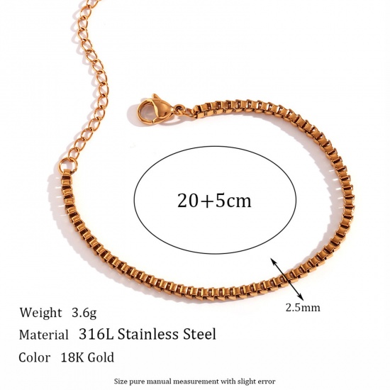 Picture of 1 Piece Eco-friendly Vacuum Plating Stylish Simple 18K Gold Color 316L Stainless Steel Box Chain Anklet For Women 20cm(7 7/8") long