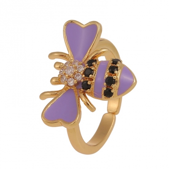 Picture of Eco-friendly Stylish Insect 18K Gold Plated Purple Brass & Cubic Zirconia Open Bee Animal Enamel Rings For Women Party 18mm(US Size 7.75), 1 Piece