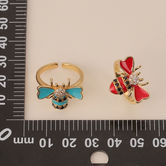 Picture of Eco-friendly Stylish Insect 18K Gold Plated Green Brass & Cubic Zirconia Open Bee Animal Enamel Rings For Women Party 18mm(US Size 7.75), 1 Piece