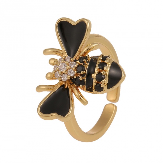 Picture of Eco-friendly Stylish Insect 18K Gold Plated Black Brass & Cubic Zirconia Open Bee Animal Enamel Rings For Women Party 18mm(US Size 7.75), 1 Piece