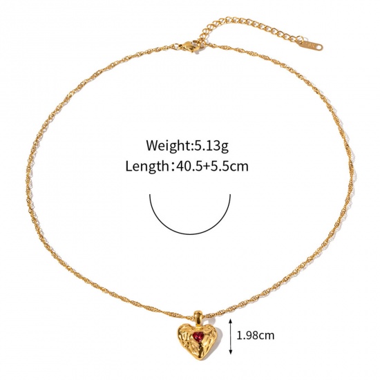 Picture of Eco-friendly Vacuum Plating Sweet & Cute Hammered 18K Real Gold Plated 304 Stainless Steel & Cubic Zirconia Flower Chain Necklace Heart Pendant Necklace For Women Valentine's Day 40cm(15 6/8") long, 1 Piece