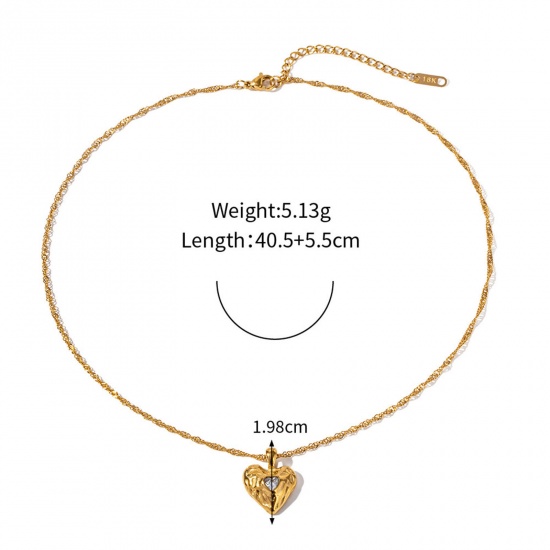 Picture of Eco-friendly Vacuum Plating Sweet & Cute Hammered 18K Real Gold Plated 304 Stainless Steel & Cubic Zirconia Flower Chain Necklace Heart Pendant Necklace For Women Valentine's Day 40cm(15 6/8") long, 1 Piece