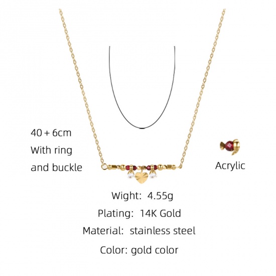 Picture of Eco-friendly Vacuum Plating Simple & Casual Stylish 14K Real Gold Plated 304 Stainless Steel & Cubic Zirconia Link Cable Chain Heart Pendant Necklace For Women 40cm(15 6/8") long, 1 Piece