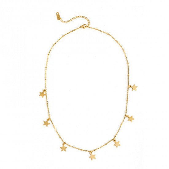 Picture of Eco-friendly Vacuum Plating Simple & Casual Simple 14K Real Gold Plated 304 Stainless Steel Ball Chain Tassel Pentagram Star Pendant Necklace For Women Party 40cm(15 6/8") long, 1 Piece