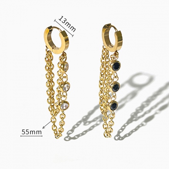 Picture of Hypoallergenic Exquisite Stylish 18K Real Gold Plated 304 Stainless Steel & Cubic Zirconia Tassel Earrings For Women 5.5cm x 1.3cm, 1 Pair
