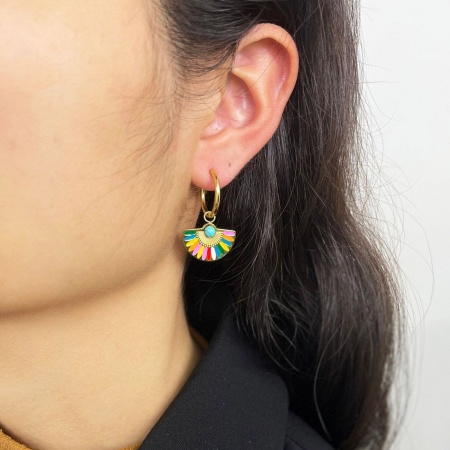 Image de Boucles d'Oreilles En Gros Plaqué Or Véritable 18K en 304 Acier Inoxydable, Ethnique Vintage Eventail Multicolore Émail aux Femmes Hypoallergénique Cadeau Fournitures de Bijoux 3cm, 1 Paire